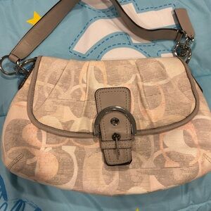 Cream and Gray Shoulder Bag with Slouchy Shape and Abstract Pattern